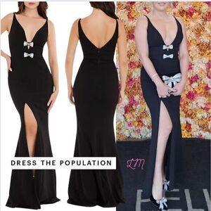 Dress The Population Viola Crepe Maxi Gown Rhinestone Bows Small‎ Black